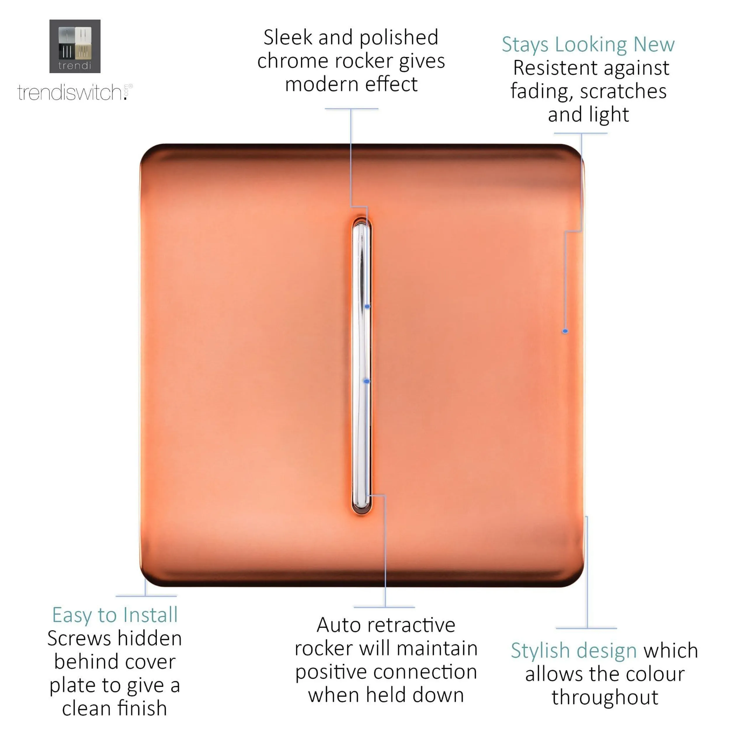 1 Gang Retractive Home Auto.Switch Copper ART-SSR1CPR  Trendi Copper